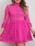 Plus Size Cutout Lace Mock Neck Dress Elegant 3 4 Sleeve Dress For Spring & Summer Women's Plus Size Clothing