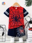 2PCS Boy's Cool Spider Print Short Sleeve Outfit Crew Neck T-Shirt & Comfy Shorts Set Kids Summer Clothing