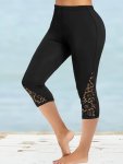 Plus Size Contrast Lace Skinny Capri Leggings Casual Every Day Stretchy Leggings Women's Plus Size Clothing