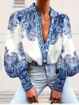 Paisley Print Button Up Shirt Vacation Style Lantern Sleeve Shirt For Spring & Fall Women's Clothing