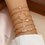 6PCS SET Simple Thin Chain Angel Wings Arrow Round Ring Rhinestone Stacking Bracelet