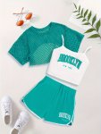3PCS SET Girl's 'brooklyn' Print Camisole + Short-sleeve Cover-up Top + Shorts - Ideal For Casual Outings Spring & Summer Clothe