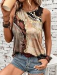 Allover Print Crew Neck Tank Top Casual Sleeveless Tank Top For Spring & Summer Women's Clothing
