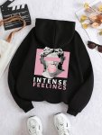 Sculpture & Letter Graphic Kangaroo Pocket Drawstring Thermal Women's Hooded Sweatshirt