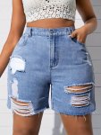 Sexy Plus Size Denim Shorts Women's Solid Button Fly Stretchy Ripped Denim Shorts With Pocket