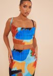 Blue Abstract Print Plisse Strappy Cowl Neck Top - Blue
