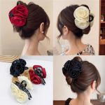 Large Flower Hair Claws 3 Pcs Rose Silk Floral Bow Clips Hair Clamps Barrettes Clamps Hair Accessories For Women Girls