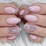 24 Pcs Glossy Medium Oval Press On Nails Pinkish French Style False Nails Glitter Artificial Reusable Fake Nails For Women