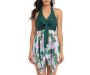 - Ladies Two Piece V Neck Halter Bowknot Swimdress - Green