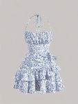 Floral Print Layer Ruffle Halter Dress Elegant Tie Backless Sleeveless Knotted Side Dress Women's Clothing