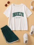 Girls Fashion Letter Print T-Shirt & Colorblock Edge Hot Sports Shorts Summer Trendy Casual Sports Clothing