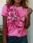 Plus Size Casual T-Shirt Women's Plus Floral Print Short Sleeve Round Neck Slight Stretch T-Shirt