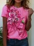 Plus Size Casual T-shirt Women's Plus Floral Print Short Sleeve Round Neck Slight Stretch T-shirt