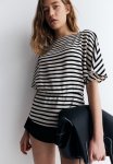 Tapered-waist Blouse - Black & Cream Striped