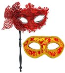 Azyoung Couples 2PCS A Set Removable Foldable Stick On Masquerade Mask With Side Butterfly Mens Flat Half Face Cloth Mask Red