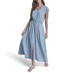 Ruched V-neck Dress With Tie -chambray
