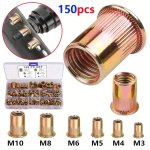 100 150PCS Rivet Nuts Carbon Steel Metric Rivet Nut Combo Kit Flat Head Thread Insert Nut Combo Kit Suitable For Car Furniture D