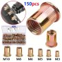 100/150PCS Rivet Nuts Carbon Steel Metric Rivet Nut Combo Kit Flat Head Thread Insert Nut Combo Kit Suitable For Car Furniture Decoration Electrical And