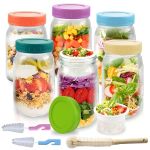 Klemon 6 Pack Glass Salad Jars With Lids Meal Prep Salad Jars With Dressing Cup 2 Built-in Compartments For Wet dry Separation L