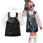 Pleather Pinafore Dress With White Polka Sheer Sleeve And Headband