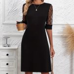 Women's Solid-color French Lace Patchwork Mid-sleeve Crew-neck Dress