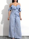 Layered Ruffle Cold Shoulder Jumpsuit Casual Tie Front Wide Leg Jumpsuit For Spring & Summer Women's Clothing