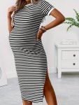 Maternity Striped Bodycon Dress Comfy Breathable Dress For Pregnancy Wear Gender Reveal