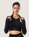 Ribbed Statement Zip-up Long Sleeve- Black - Small