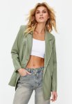 Double Breasted Closure Woven Lined Faux Leather Blazer Jacket - Mint
