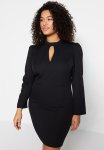 Plus Size Collar Decollete Unlined Long Sleeve Bodycone MINI Woven Dress - Schwarz