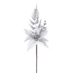 Xmas White Silver Poinsettia Branch With Mistletoe 58CM