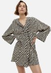 Textured-weave Knot-detail Dress - Black Patterned