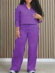 Casual Solid Color Pants Set Zipper Long Sleeve Sweatshirt & Straight Leg Loose Pants Outfits Women's Clothing