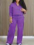 Casual Solid Color Pants Set Zipper Long Sleeve Sweatshirt & Straight Leg Loose Pants Outfits Women's Clothing