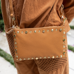 Genuine Leather Studded Bag - Camel Free