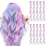 10PCS Unicorn Color Clip-in Hair Extensions For Women - Heat-resistant Curly Wavy Hairpieces Perfect For Cosplay & Party Highlig