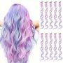 10pcs Unicorn Color Clip-In Hair Extensions For Women - Heat-Resistant Curly Wavy Hairpieces Perfect For Cosplay & Party Highlights 55.88 Cm