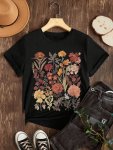 Women's Floral Print Crew Neck T-Shirt - 95% Polyester 5% Spandex Basic Casual Style With Short Sleeves And Slight Stretch - Ver