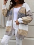 Plus Size Casual Cardigan Women's Plus Colorblock Hollow Out Long Sleeve Open Front Cardigan