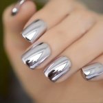 Shiny Punk Style Metallic Silvery Color Press On False Fake Nails Metal Plating Acrylic Short Square Reflective Mirror Silvery N