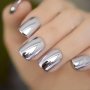 Shiny Punk Style Metallic Silvery Color Press On False Fake Nails Metal Plating Acrylic Short Square Reflective Mirror Silvery Nail Art Tips 24pcs