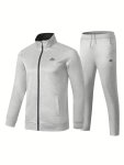 2PCS Sports Suit Men's Comfy Stand Collar Zip Up Solid Jacket & Active Thermal Breathable Drawstring Pants For Outdoor Activitie