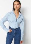 Blue Crop Corset Detailed Poplin Shirt - Blue