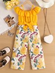 Girl's Ruffled Hem Floral Patchwork 1PC Jumpsuit Capris Length Elegant & Fashion Romper For Everyday Vacation Outfit