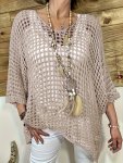 Plus Size Solid Hollow Out Cover Up Knitted Top Vacation Style 3 4 Sleeve V Neck Top For Spring & Summer Women's Plus Size Cloth