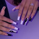 Long Ballerina Press On Nails With Tai Chi Designs Nude White Coffin Fake Nails Glossy False Nails For Women And Girls 24 Pcs