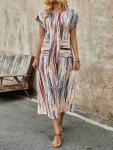 Elegant Middle Eastern Style Crew Neck Pocketed Striped Long Summer Dress - 100% Polyester Woven Tunic For Adults