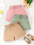 3PCS 100% Cotton Muslin Solid Color Textured Bow Decor Shorts For Girls Cool And Comfy Breathable Versatile Outfit Summer Gift