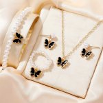 5PCS SET Alloy Oil Drop Butterfly Pendant Necklace Earrings Pearl Bracelet Ring Set