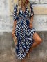 Chevron Print Surplice Neck A-line Dress Vacation Short Sleeve Shirred Waist Midi Dress For Spring & Summer Women's Clothing